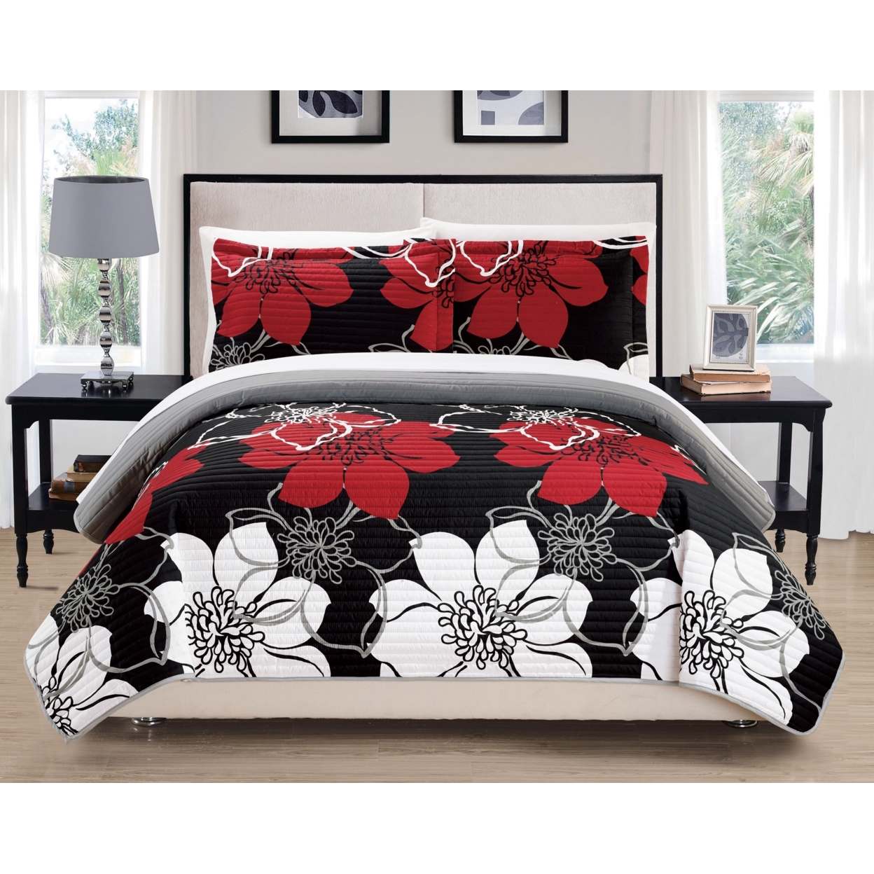 Chic Home Floral Printed Quilt Set, Multiple Colors - Black, Twin