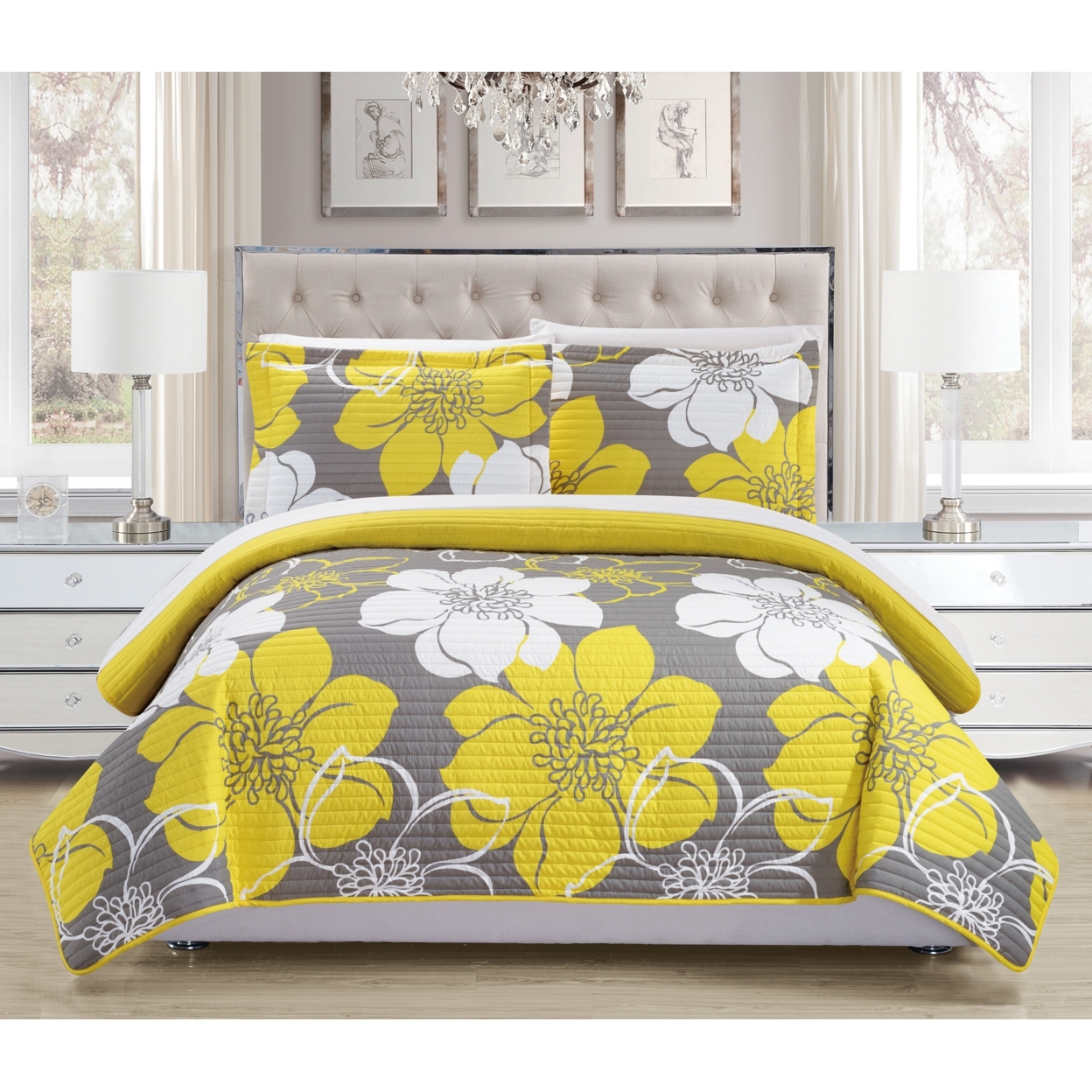 Chic Home Floral Printed Quilt Set, Multiple Colors - Yellow, Twin