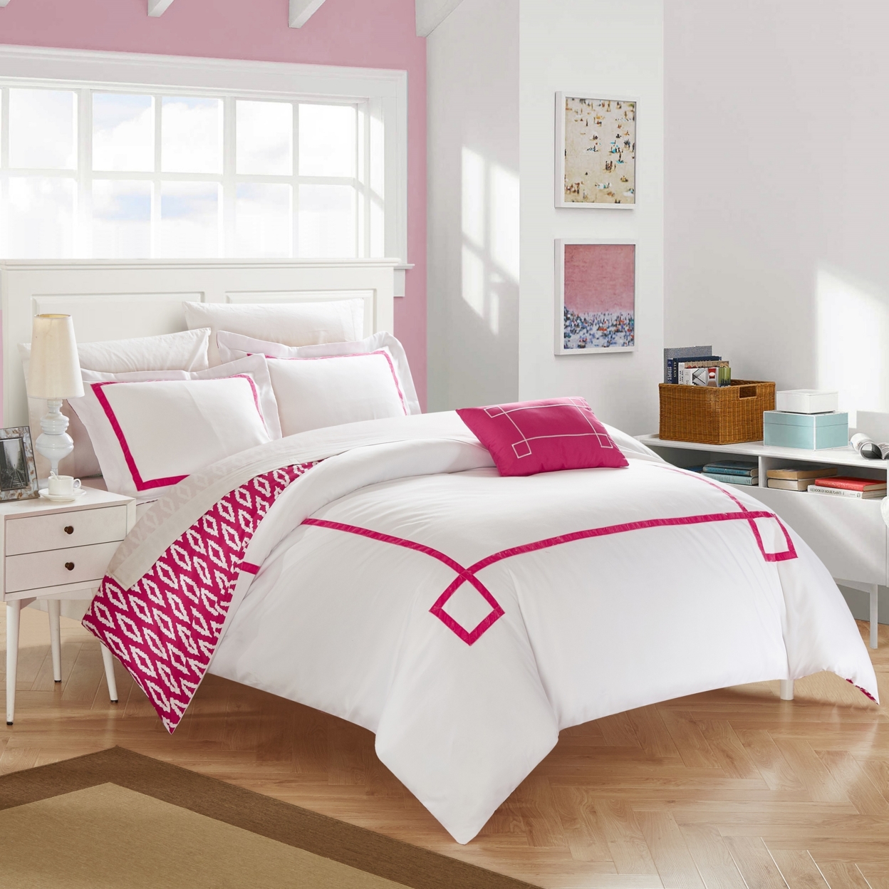 3/4 Piece Berwin Embroidered REVERSIBLE Duvet Cover Set With Shams And Decorative Pillows Included - Fuchsia, King