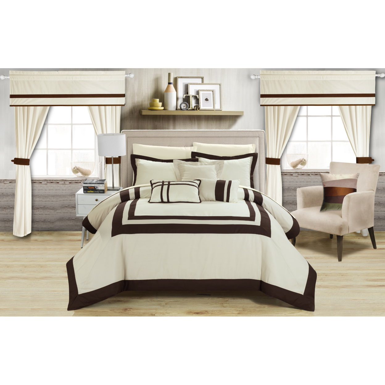 Chic Home 20-Piece Bertran Complete Master Bedroom Set And Comforter Set - Beige, Queen