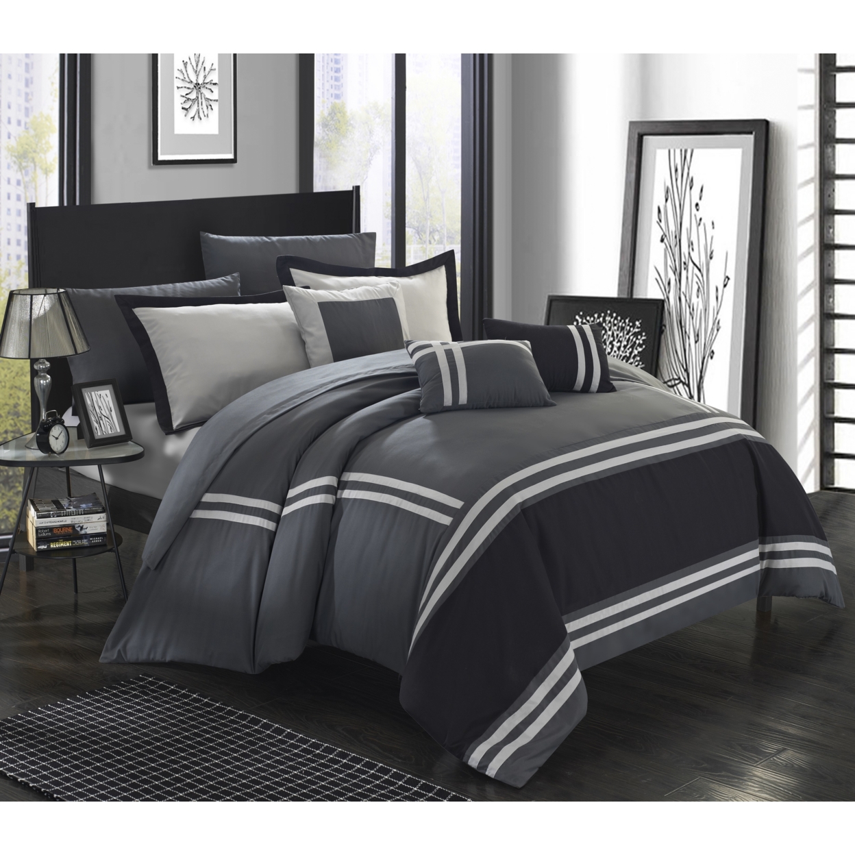 Chic Home 10 Piece Annabel Supersoft Oversized Pieced Color Block Banding Collection Bed In A Bag Comforter Set - Grey, Queen
