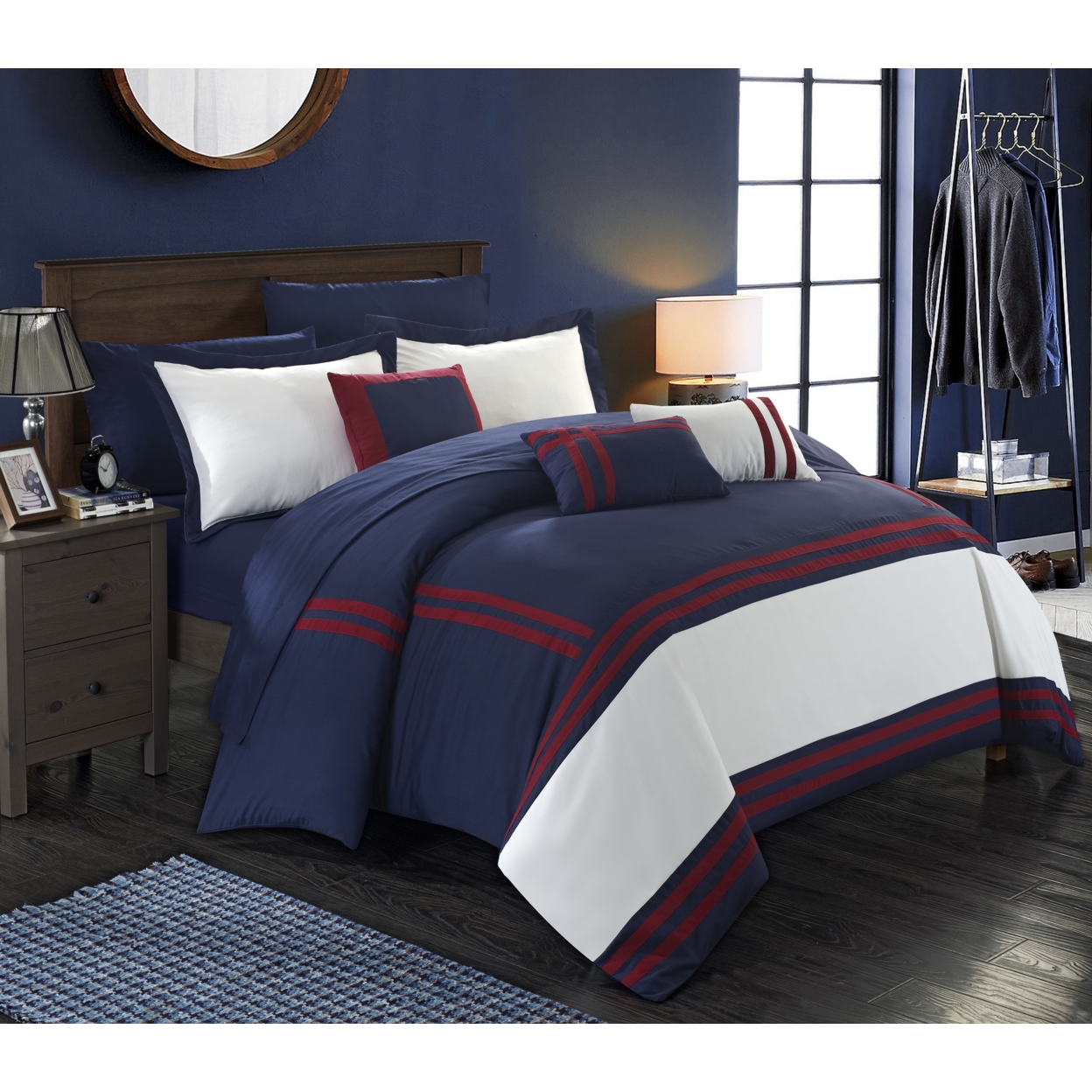 Chic Home 10 Piece Annabel Supersoft Oversized Pieced Color Block Banding Collection Bed In A Bag Comforter Set - Navy, King
