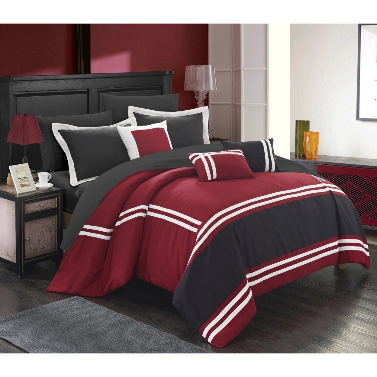 Chic Home 10 Piece Annabel Supersoft Oversized Pieced Color Block Banding Collection Bed In A Bag Comforter Set - Red, King
