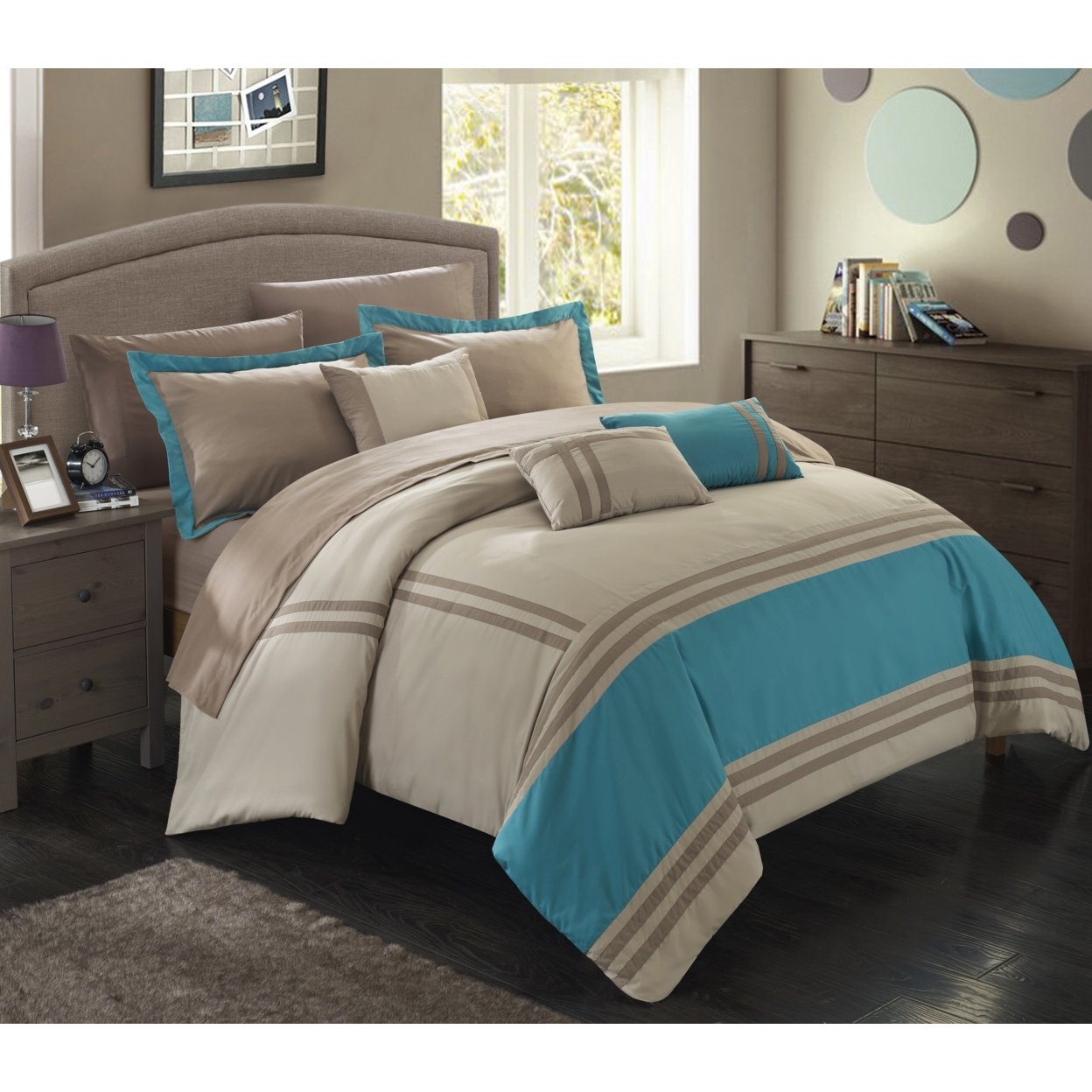 Chic Home 10 Piece Annabel Supersoft Oversized Pieced Color Block Banding Collection Bed In A Bag Comforter Set - Grey, King