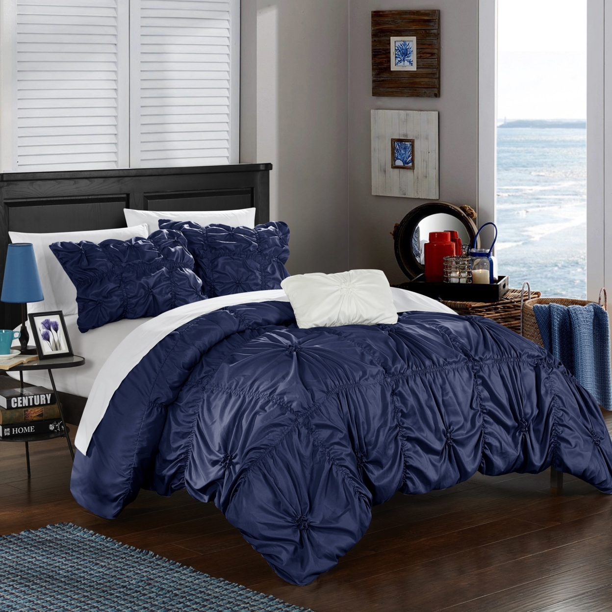 Chic Home 4 Piece Zach Floral Pinch Pleat Ruffled Designer Embellished Duvet Cover Set - Navy, King