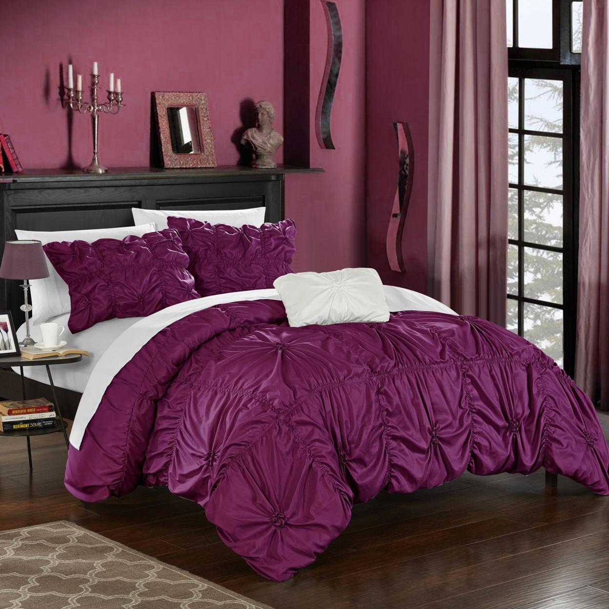 Chic Home 4 Piece Zach Floral Pinch Pleat Ruffled Designer Embellished Duvet Cover Set - Purple, Queen