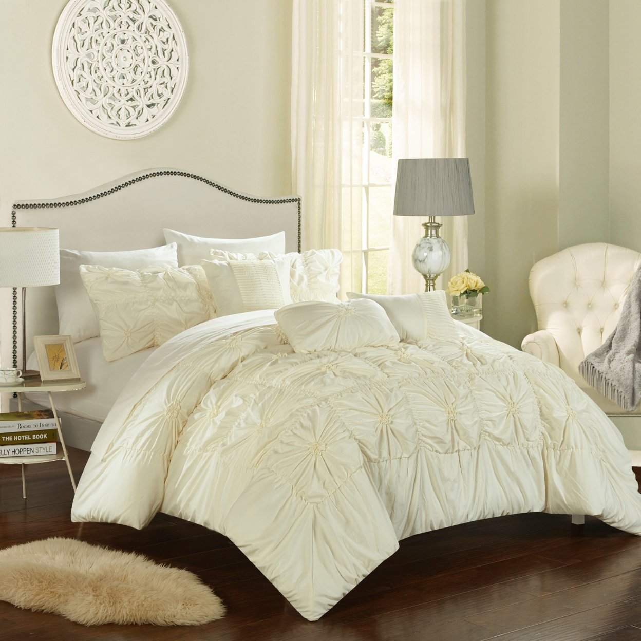 Chic Home 8/10 Piece Sheffield Floral Pinch Pleat Ruffled Designer Embellished Bed In A Bag Comforter Set With Sheet Set - Beige, Queen