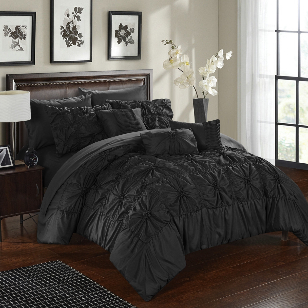 Chic Home 8/10 Piece Sheffield Floral Pinch Pleat Ruffled Designer Embellished Bed In A Bag Comforter Set With Sheet Set - Brick, Queen
