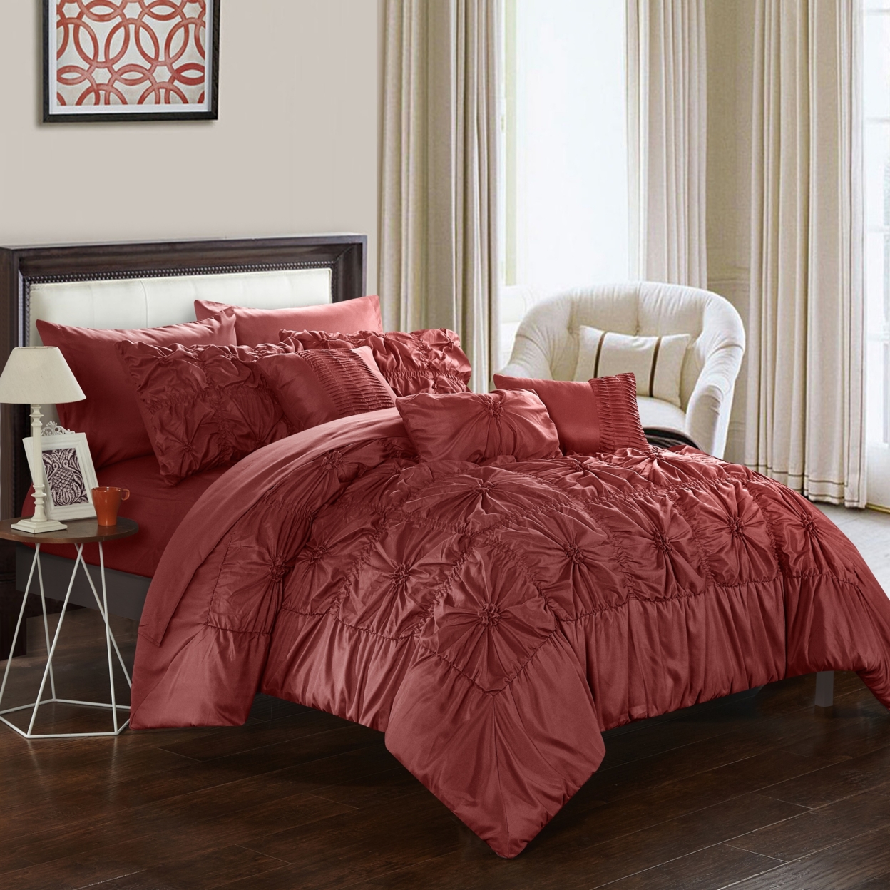 Chic Home 8/10 Piece Sheffield Floral Pinch Pleat Ruffled Designer Embellished Bed In A Bag Comforter Set With Sheet Set - Brick, Twin