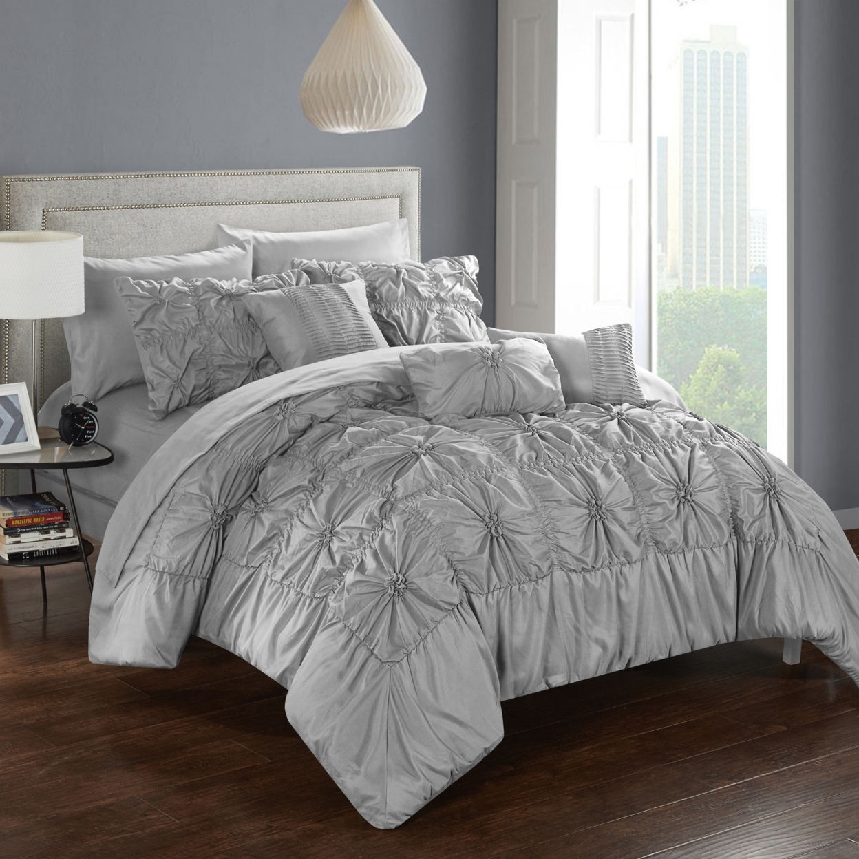 Chic Home 8/10 Piece Sheffield Floral Pinch Pleat Ruffled Designer Embellished Bed In A Bag Comforter Set With Sheet Set - Grey, Queen