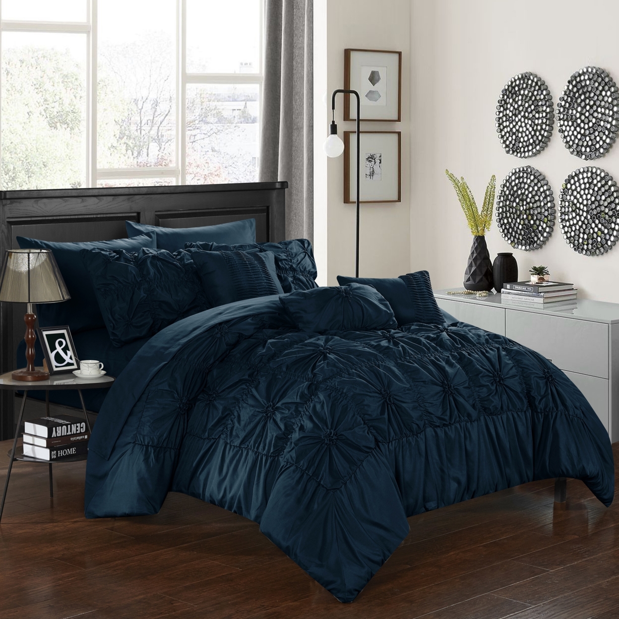 Chic Home 8/10 Piece Sheffield Floral Pinch Pleat Ruffled Designer Embellished Bed In A Bag Comforter Set With Sheet Set - Navy, Queen