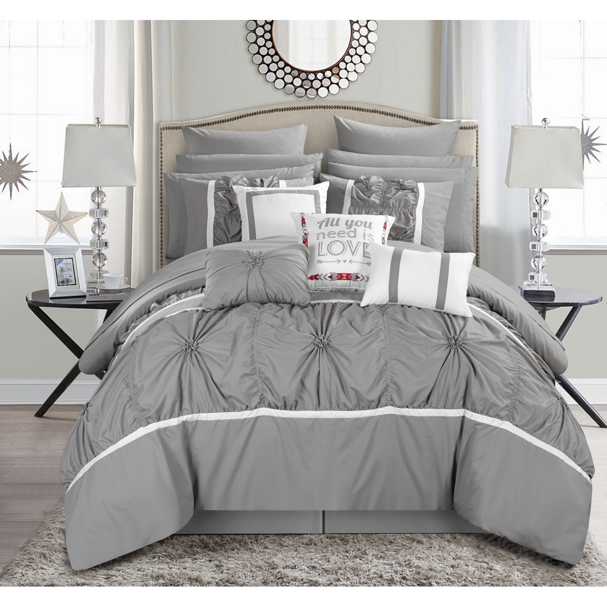 Chic Home 16 Piece Ash Floral Pinch Pleat Ruffled Designer Embellished Comforter Set With Sheet Set - Grey, Queen