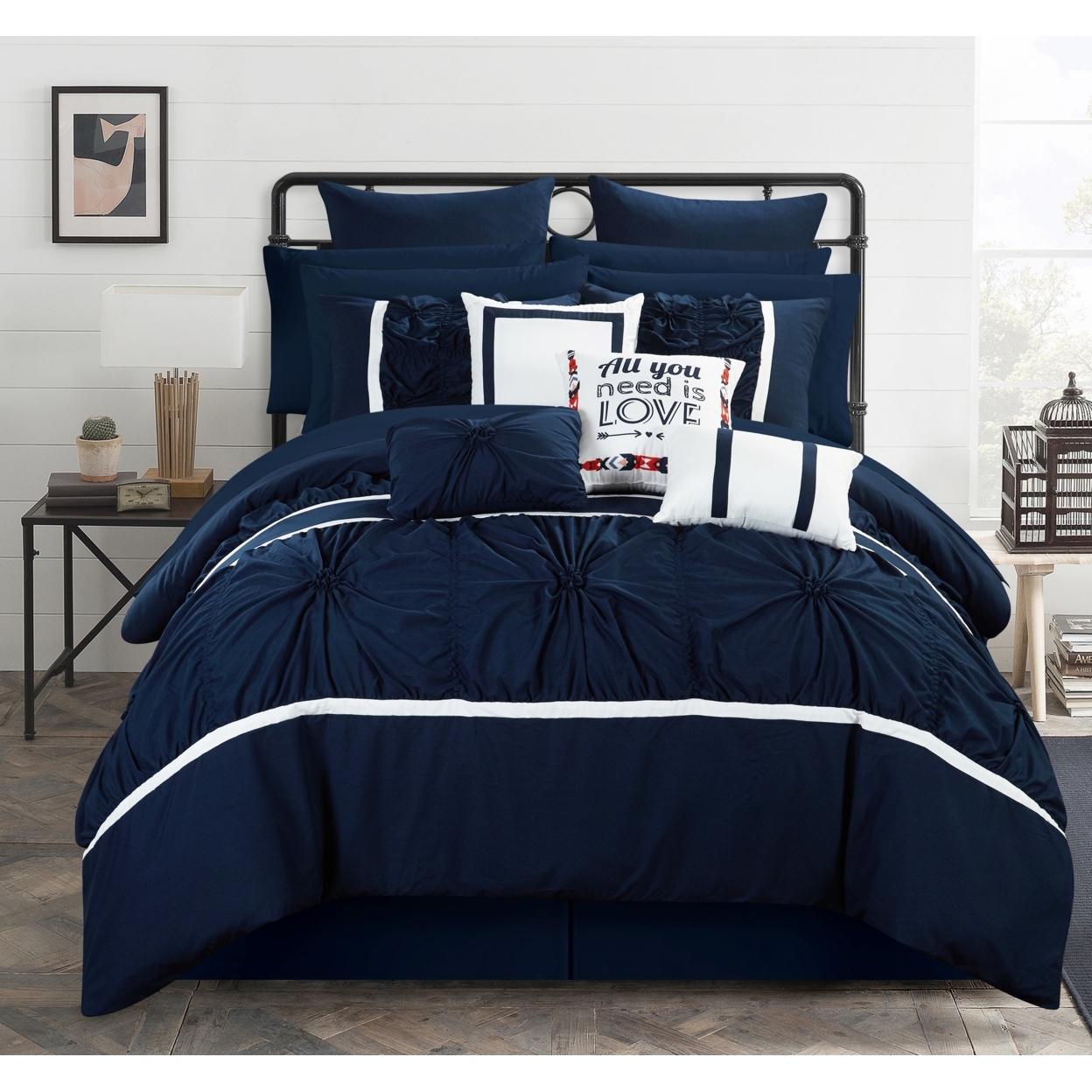 Chic Home 16 Piece Ash Floral Pinch Pleat Ruffled Designer Embellished Comforter Set With Sheet Set - Navy, Queen