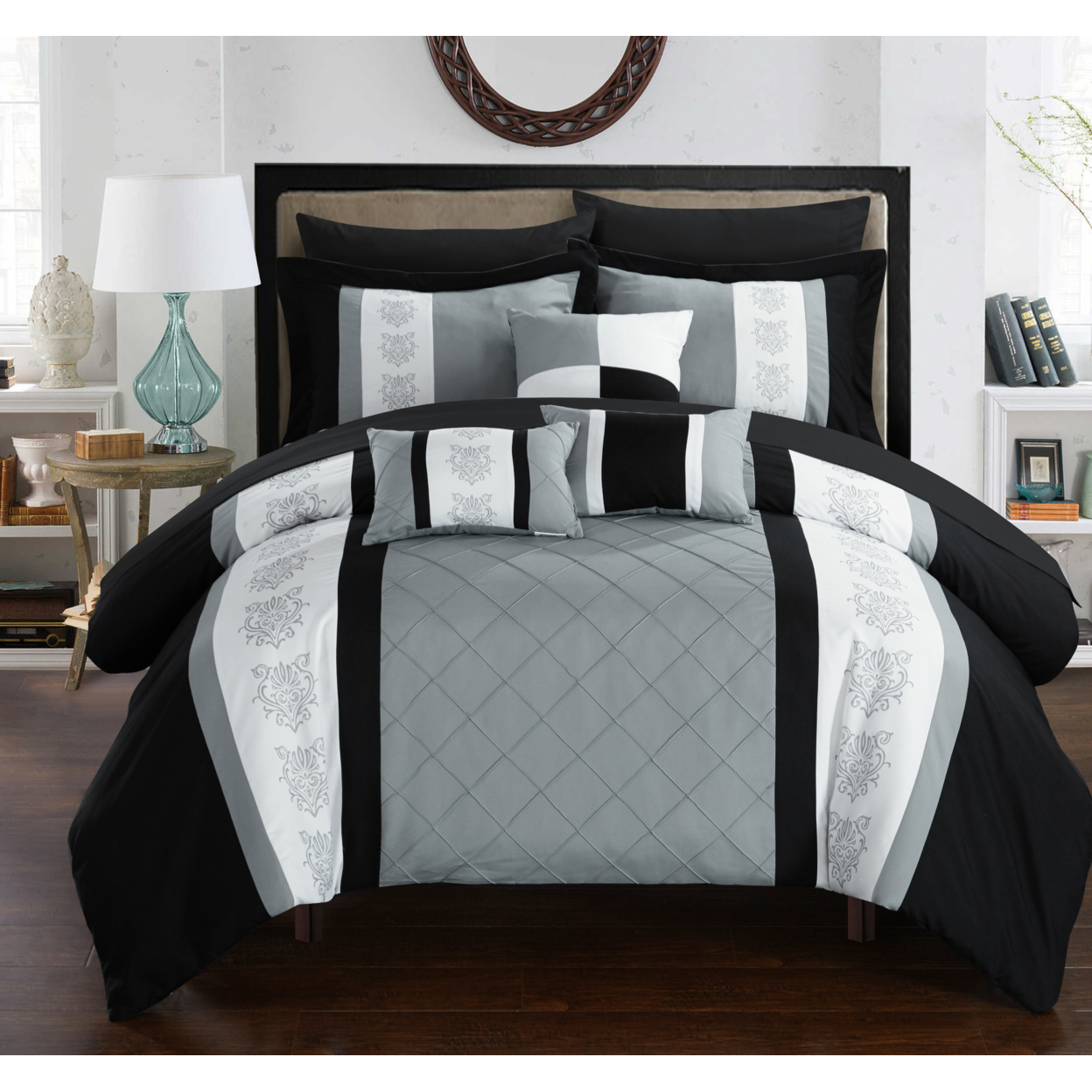 Chic Home 8/10 Piece Adam Pintuck Pieced Color Block Embroidery Bed In A Bag Comforter Set With Sheet Set - Grey, Queen