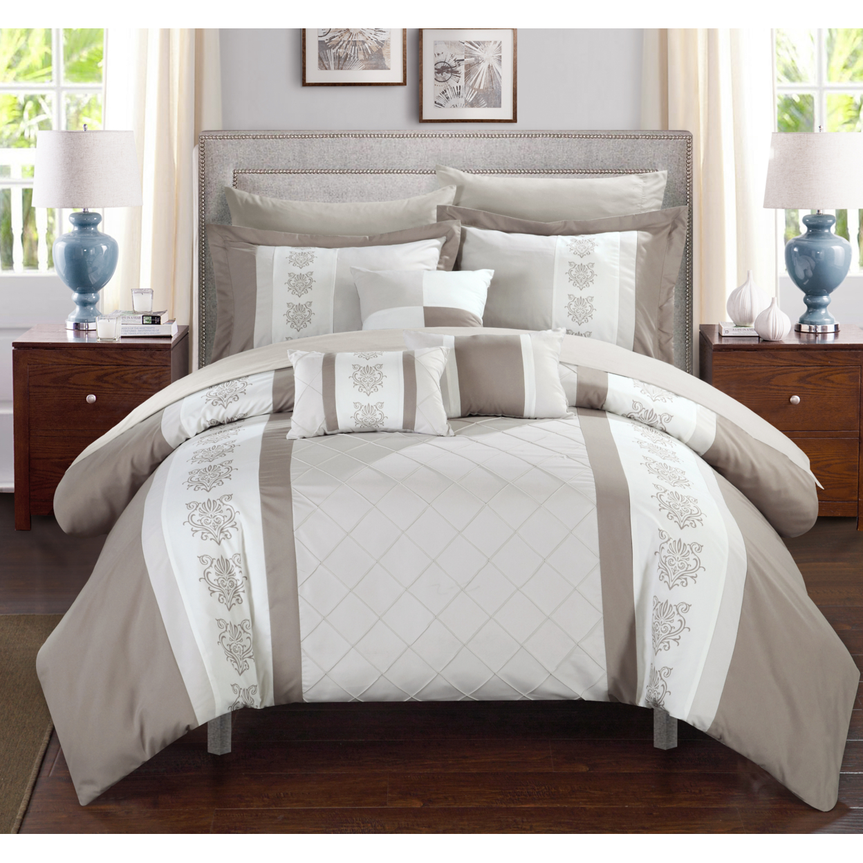 Chic Home 8/10 Piece Adam Pintuck Pieced Color Block Embroidery Bed In A Bag Comforter Set With Sheet Set - Beige, Queen