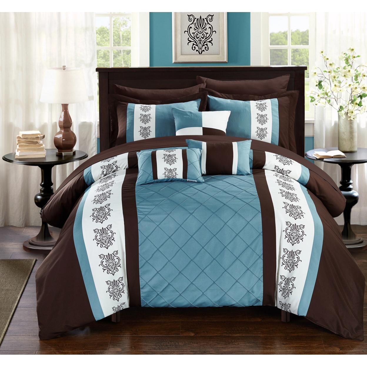 Chic Home 8/10 Piece Adam Pintuck Pieced Color Block Embroidery Bed In A Bag Comforter Set With Sheet Set - Brown, Queen