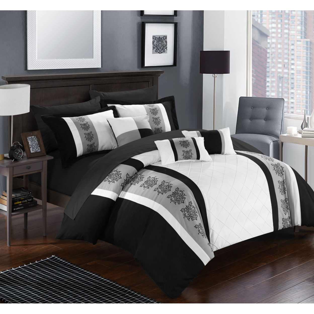 Chic Home 8/10 Piece Adam Pintuck Pieced Color Block Embroidery Bed In A Bag Comforter Set With Sheet Set - White, Twin
