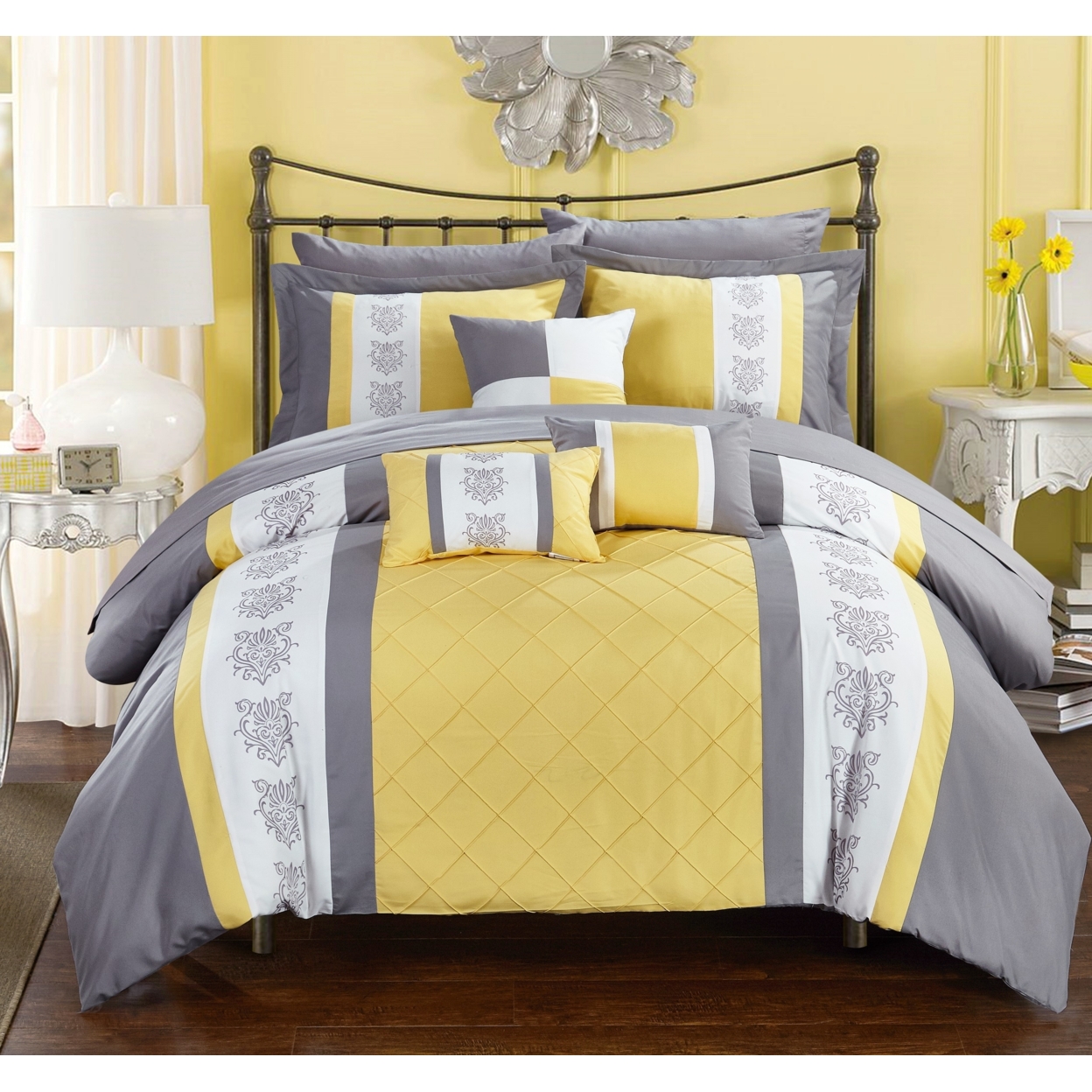 Chic Home 8/10 Piece Adam Pintuck Pieced Color Block Embroidery Bed In A Bag Comforter Set With Sheet Set - Yellow, King