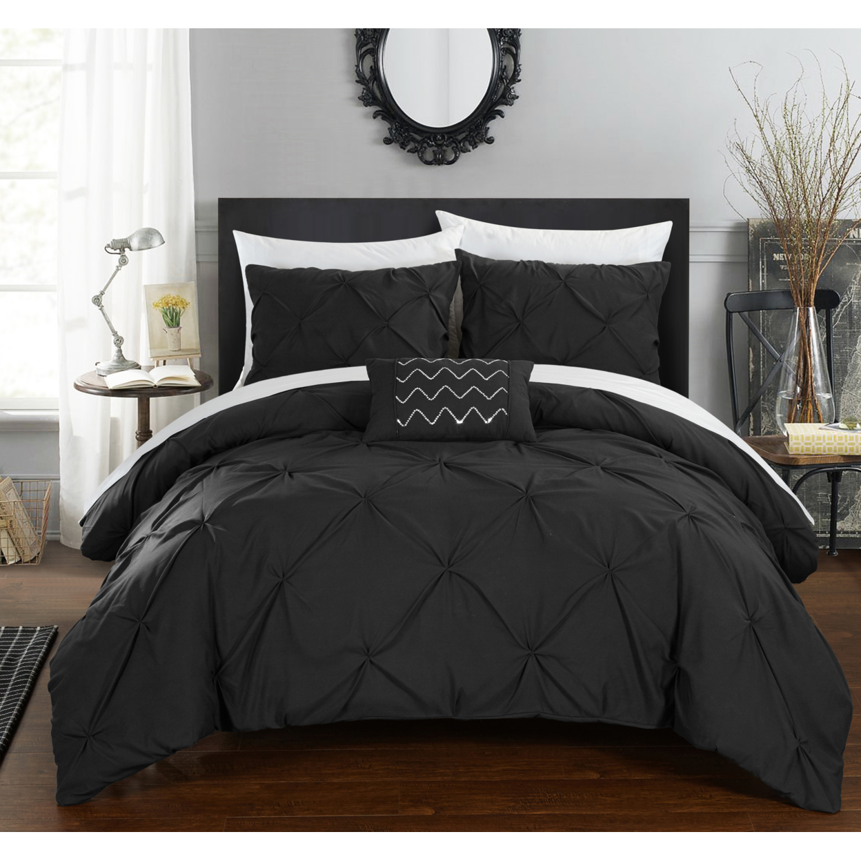 3 Or 4 Piece Whitley Pinch Pleated, Ruffled And Pleated Complete Duvet Cover Set Shams And Decorative Pillows Included - Black, Twin