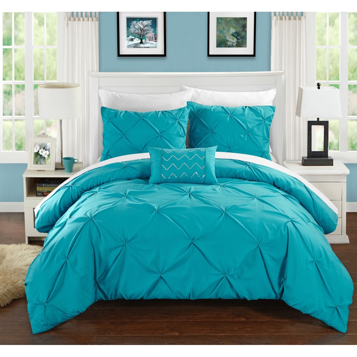 3 Or 4 Piece Whitley Pinch Pleated, Ruffled And Pleated Complete Duvet Cover Set Shams And Decorative Pillows Included - Turquoise, Twin