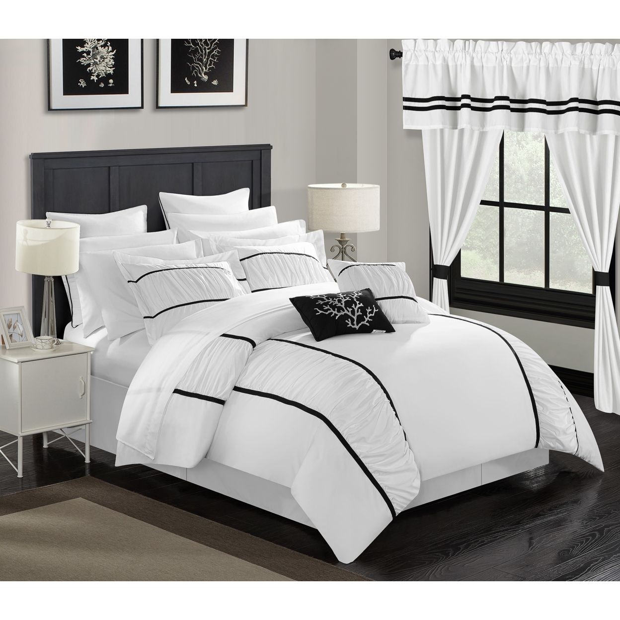 24 Piece Marian Complete Bedroom In A Bag Pinch Pleat Ruffled Designer Embellished Bed In A Bag Comforter Set - Navy, Queen