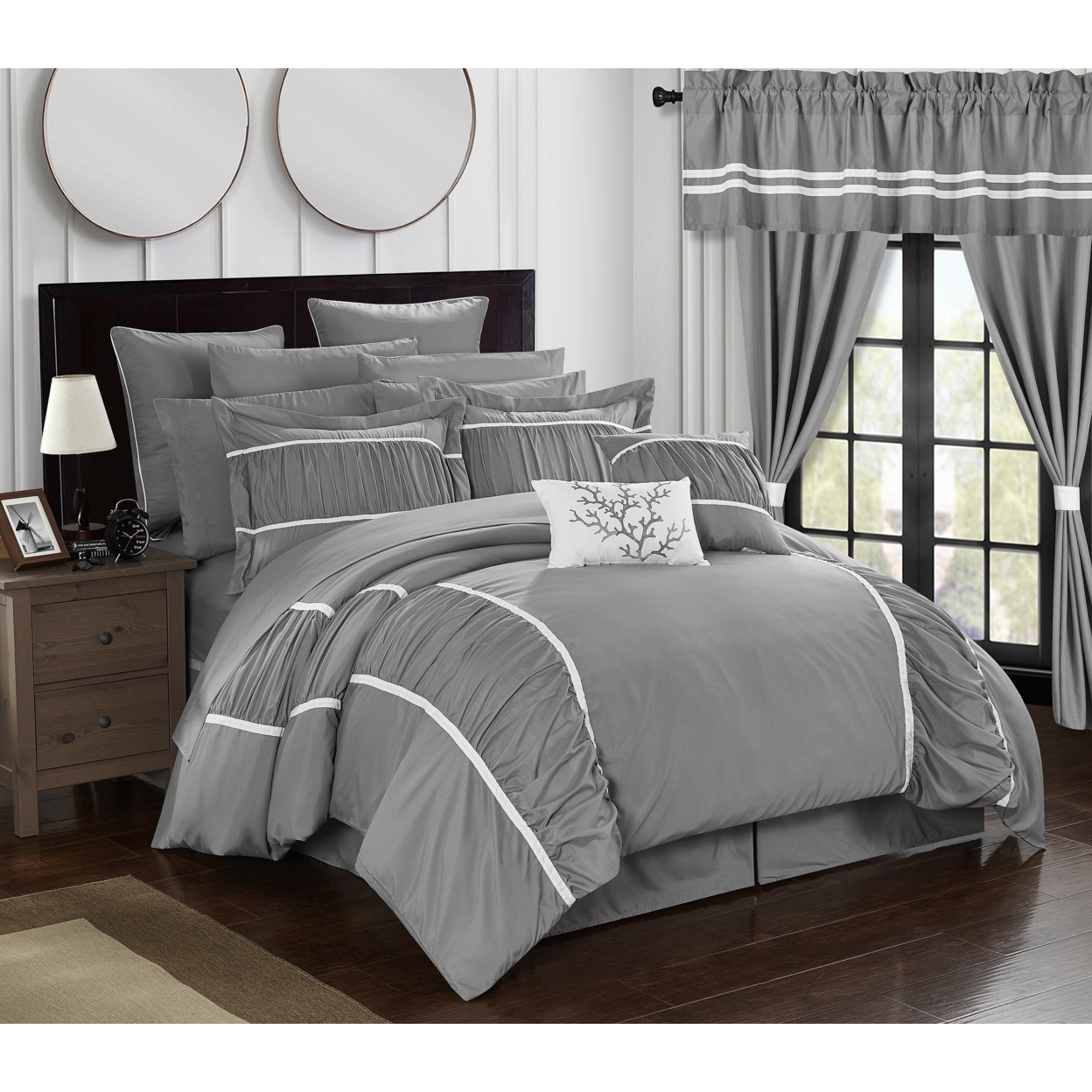 24 Piece Marian Complete Bedroom In A Bag Pinch Pleat Ruffled Designer Embellished Bed In A Bag Comforter Set - Grey, King