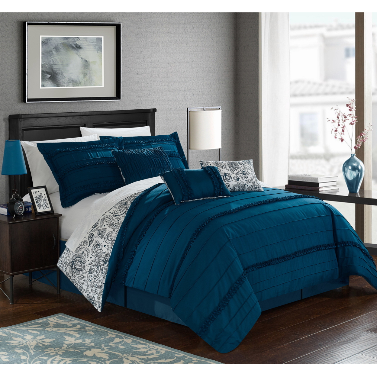 6/7 Piece Thess Pleated And Ruffled REVERSIBLE Paisely FLoral Print Comforter Set Shams And Decorative Pillows Included - Navy, King