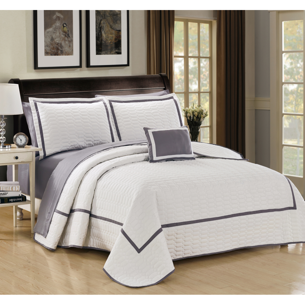 8 Pc. Neal Hotel Collection 2 Tone Banded Geometrical Embroidered, Quilt In A Bag, Includes Sheets Set, Shams & Decorative Pillows - White,
