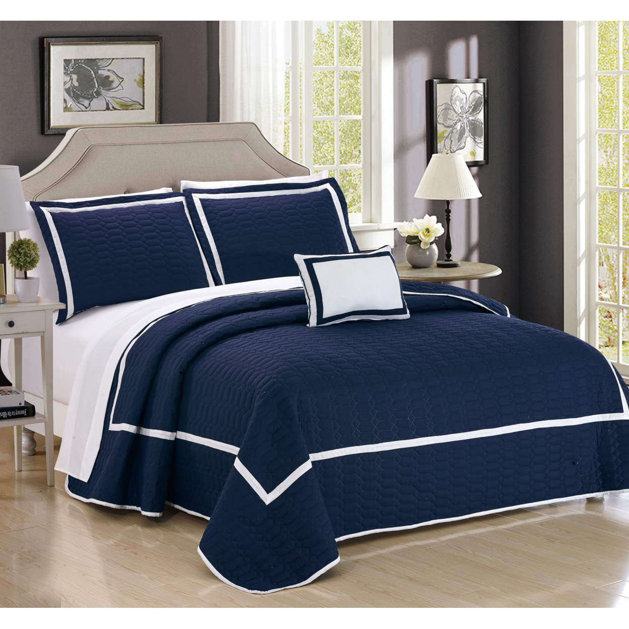 8 Pc. Neal Hotel Collection 2 Tone Banded Geometrical Embroidered, Quilt In A Bag, Includes Sheets Set, Shams & Decorative Pillows - Navy, Q