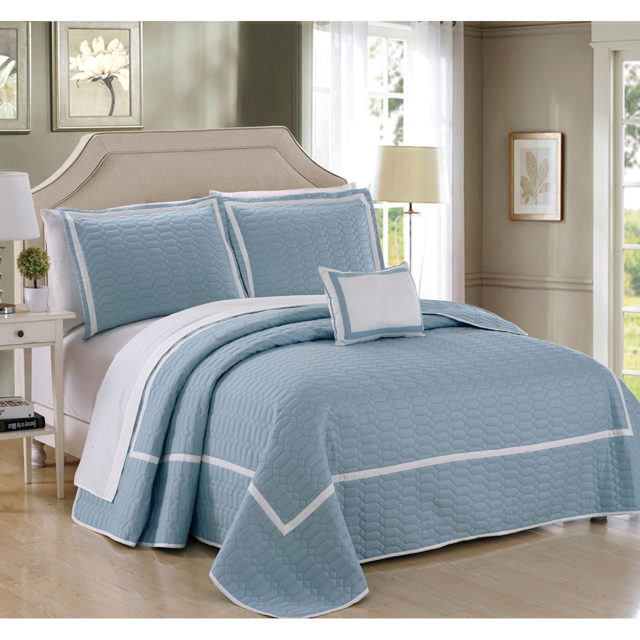 8 Pc. Neal Hotel Collection 2 Tone Banded Geometrical Embroidered, Quilt In A Bag, Includes Sheets Set, Shams & Decorative Pillows - Blue, Q