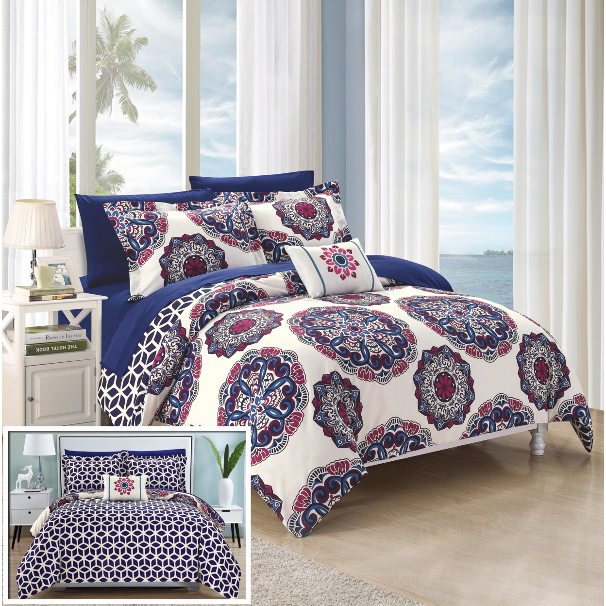 8 Or 6 Pc. Barella Super Soft Large Printed Medallion REVERSIBLE With Geometric Printed Backing Comforter Set - Navy, Queen