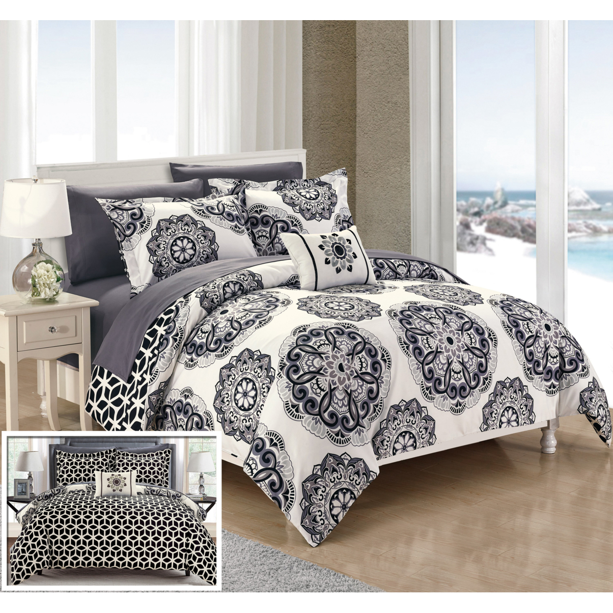 8 Or 6 Pc. Barella Super Soft Large Printed Medallion REVERSIBLE With Geometric Printed Backing Comforter Set - Navy, Queen