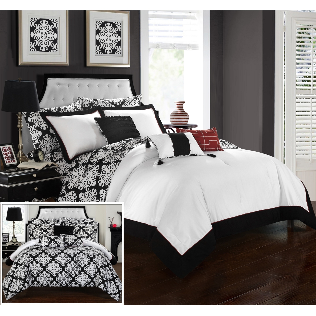 Chic Home 10 Piece Naira Black And White REVERSIBLE Medallion Printed PLUSH Hotel Collection Bed In A Bag Comforter Set With Sheet Set - Gre