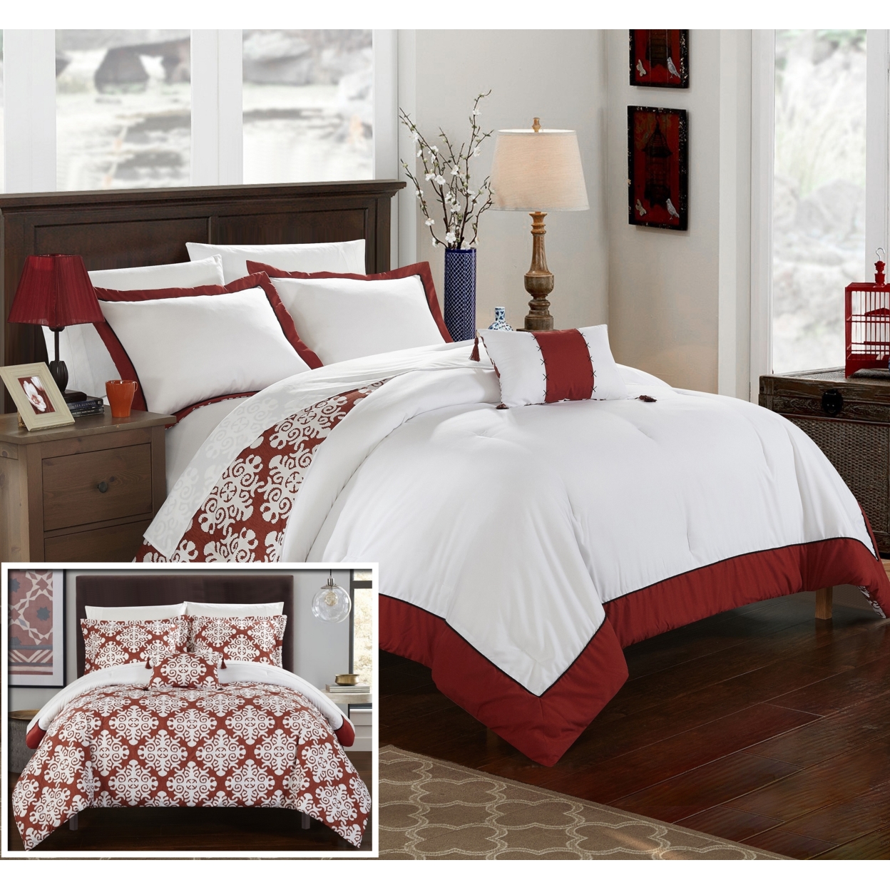 Chic Home 8 Piece Mallow Black And White REVERSIBLE Medallion Printed PLUSH Hotel Collection Bed In A Bag Duvet Set With Sheet Set - Marsala