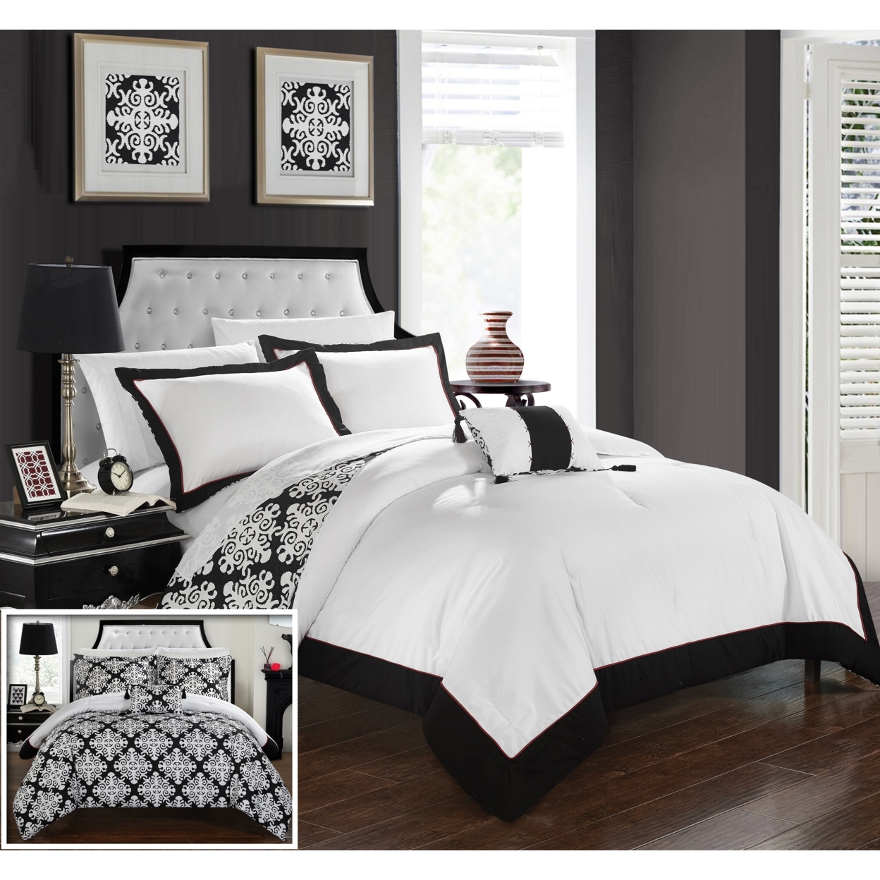 Chic Home 3/4 Piece Mallow Black And White REVERSIBLE Medallion Printed PLUSH Hotel Collection Duvet Cover Set - Black, Queen