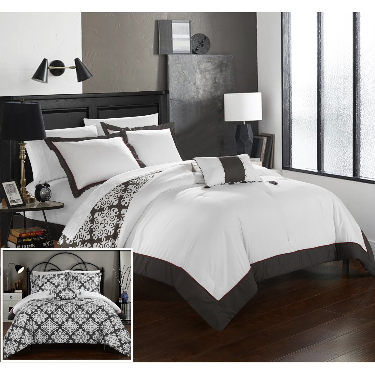 Chic Home 3/4 Piece Mallow Black And White REVERSIBLE Medallion Printed PLUSH Hotel Collection Duvet Cover Set - Grey, Queen