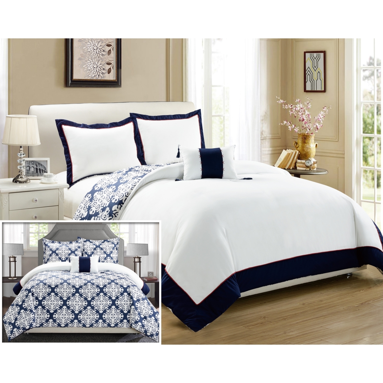 Chic Home 3/4 Piece Mallow Black And White REVERSIBLE Medallion Printed PLUSH Hotel Collection Duvet Cover Set - Navy, King