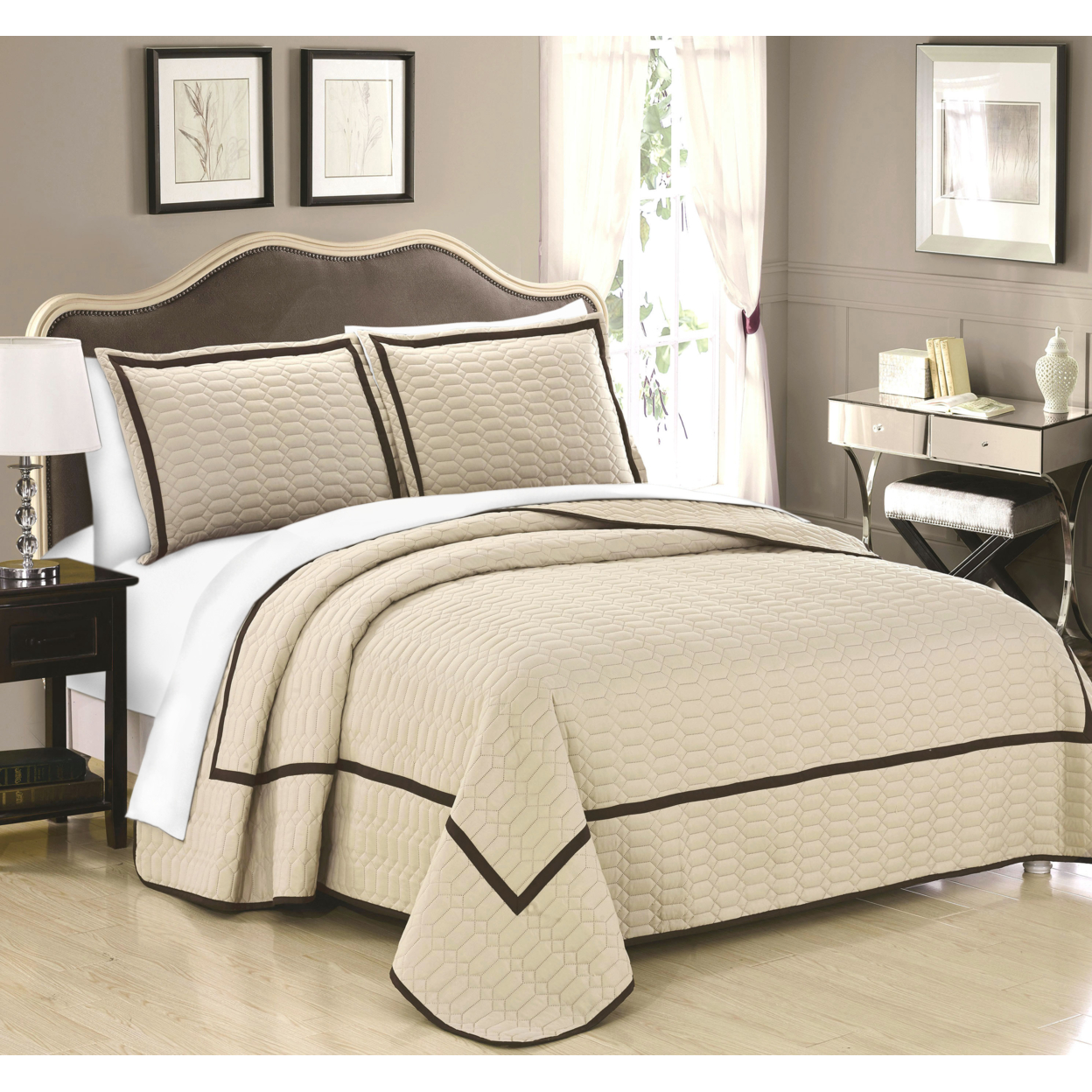 3 Or 2 Piece Halrowe Hotel Collection 2 Tone Banded Quilted Geometrical Embroidered Quilt Set - Beige, Twin