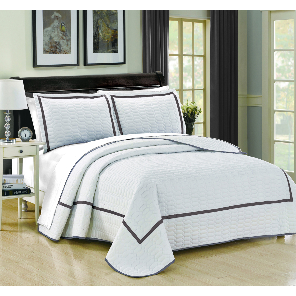 3 Or 2 Piece Halrowe Hotel Collection 2 Tone Banded Quilted Geometrical Embroidered Quilt Set - White, Queen
