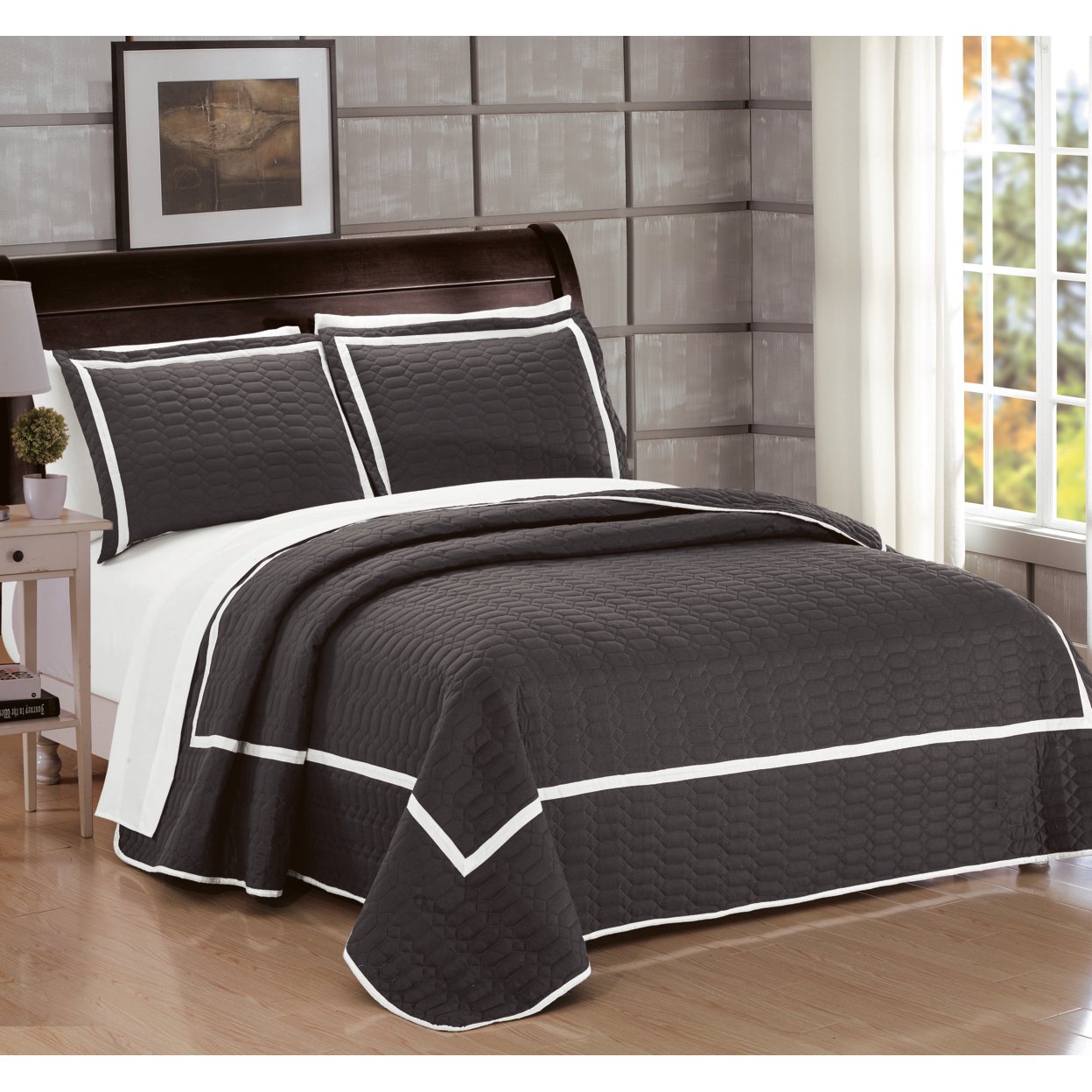 3 Or 2 Piece Halrowe Hotel Collection 2 Tone Banded Quilted Geometrical Embroidered Quilt Set - Grey, Twin