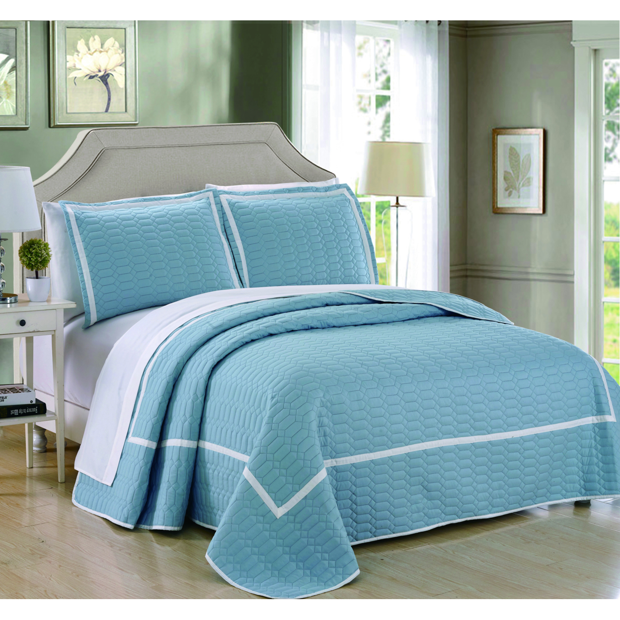 3 Or 2 Piece Halrowe Hotel Collection 2 Tone Banded Quilted Geometrical Embroidered Quilt Set - Blue, Twin
