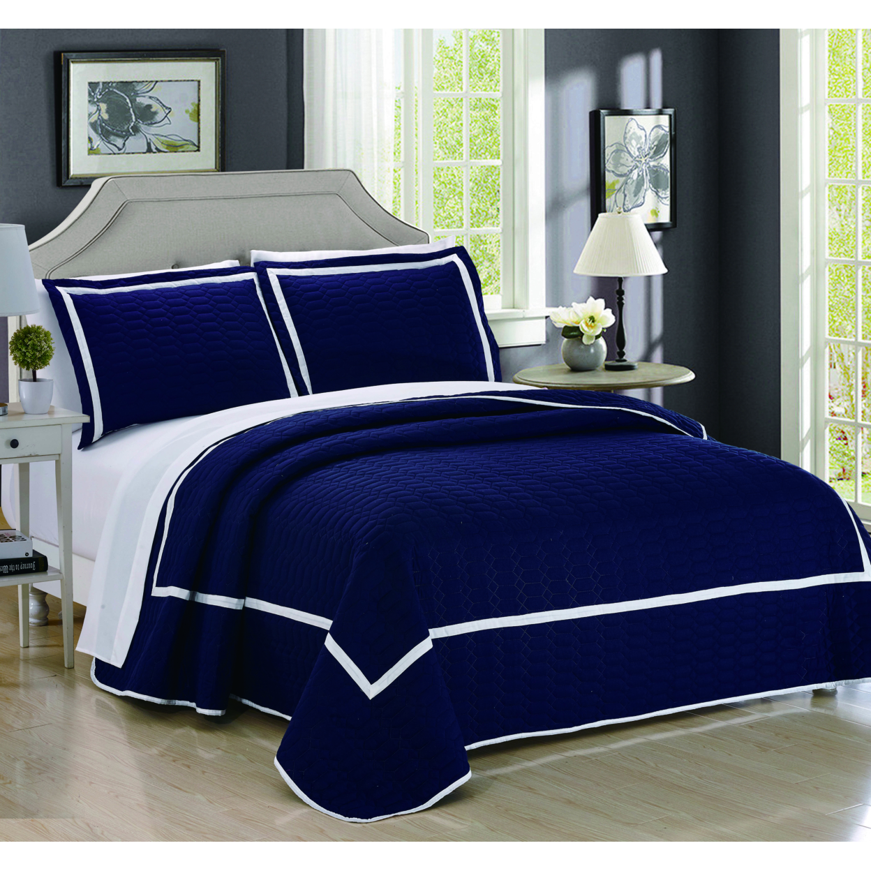 3 Or 2 Piece Halrowe Hotel Collection 2 Tone Banded Quilted Geometrical Embroidered Quilt Set - Navy, Queen
