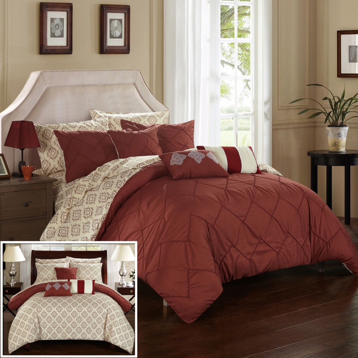 10 Piece Dahlia Rope Like Pinch Pleated REVERSIBLE Oversized And Overfilled Bed In A Bag Comforter Set With Sheet Set - Marsala, Queen