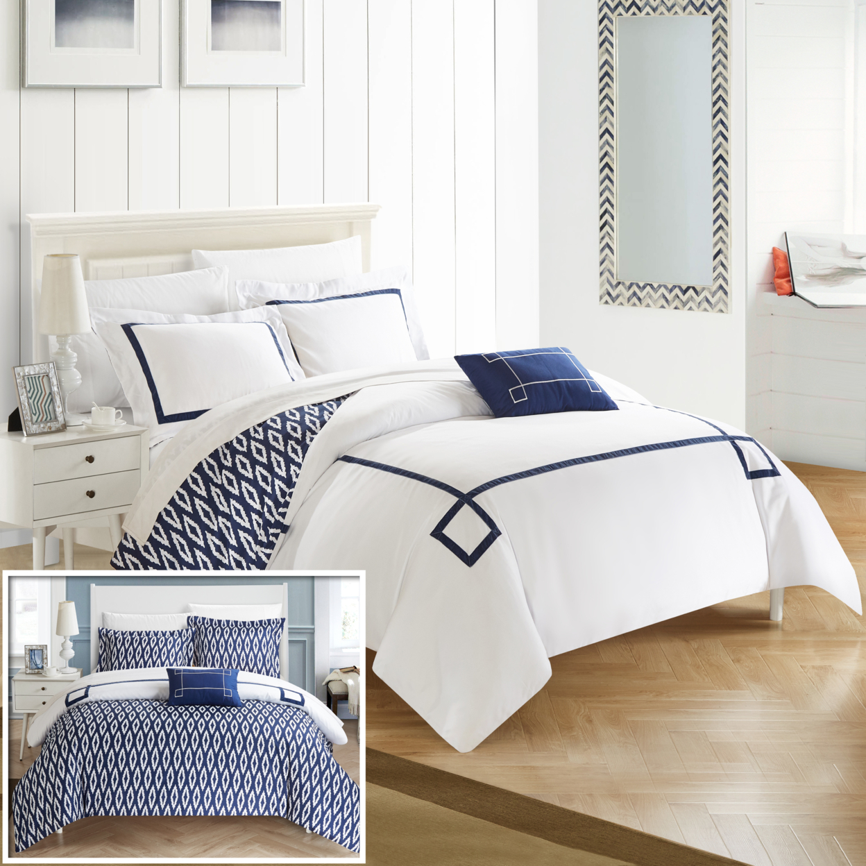 Chic Home 8 Piece Berwin Contemporary Greek Key Embroidered REVERSIBLE Bed In A Bag Duvet Set With Sheet Set - Navy, Queen