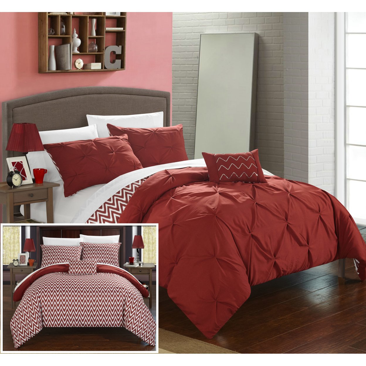 Chic Home 3/4 Piece Portia Pinch Pleated, REVERSIBLE Chevron Print Ruffled And Pleated Comforter Set Shams And Decorative Pillows - Brick, T