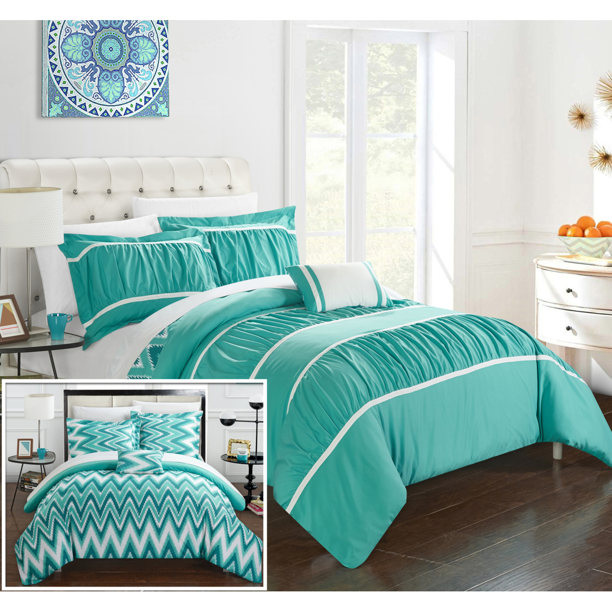 4 Or 3 Piece Lucia Pleated & Ruffled With Chevron REVERSIBLE Backing Comforter Set - Turquoise, Full/Queen