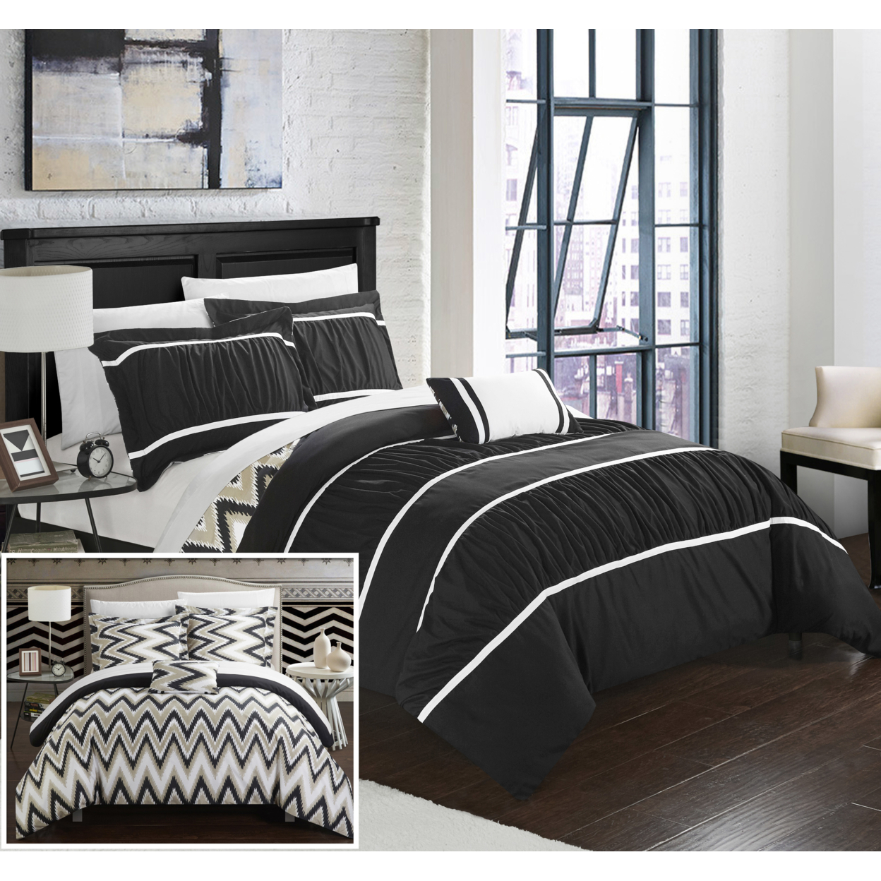 4 Or 3 Piece Lucia Pleated & Ruffled With Chevron REVERSIBLE Backing Comforter Set - Black, Twin