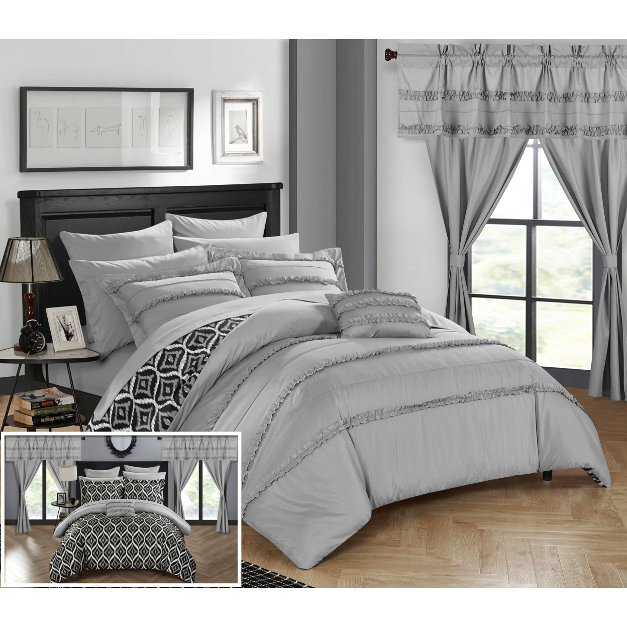 Drew 20 Piece Complete Bed Room In A Bag Super Set. Pinch Pleated Design REVERSIBLE Geometric Pattern Comforter Set, Sheets Set - Grey, King