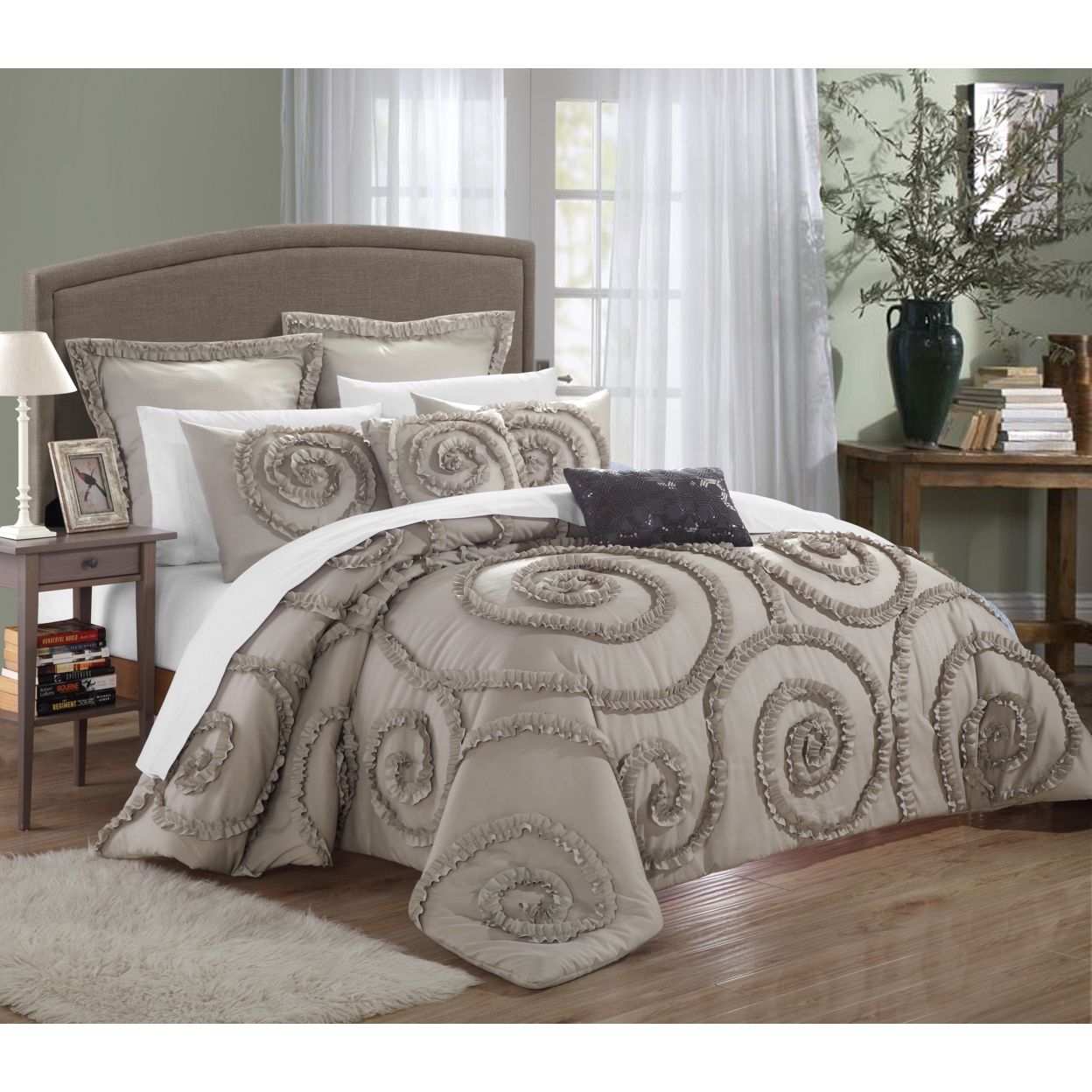Chic Home Rosalinda 7-Piece Ruffled Embroidered Comforter Set, Mult. Colors - Beige, Queen
