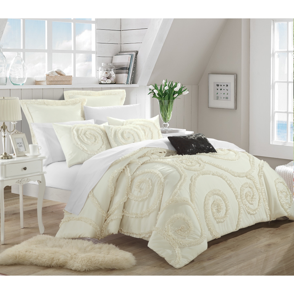 Chic Home Rosalinda 11-Piece Ruffled Etched Embroidery Comforter Set, Bed In A Bag, Sheet Set, 4 Shams And 2 Throw Pillows Included - Beige,